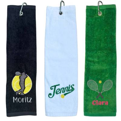 Tennishandtuch personalisiert mit Name & Motiv | Bestickt | Sporthandtuch mit Karabiner 40x50 cm