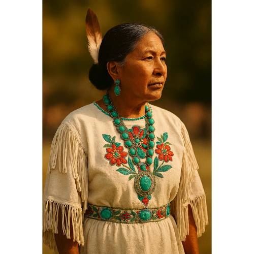 „Würde des Windes – Stammesfrau in Festtagsgewand mit Feder