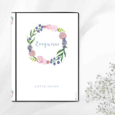 Personalisierte Zeugnismappe "Blumen", Geschenk zur Einschulung, A4 Sichtbuch mit Namen
