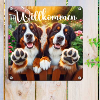 Aluminium Willkommen Blechschild mit Berner Sennenhund