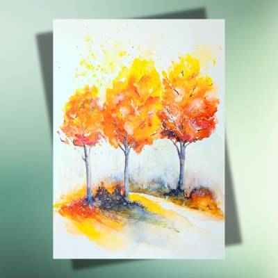 Herbstliche Postkarte mit Farbverlauf & Waldweg – Stimmungsvolle Grußkarte mit Bäumen | DIN A6 auf Kraftpapier