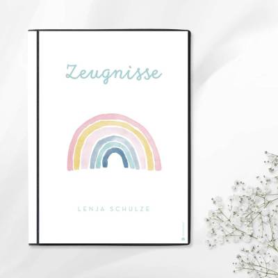 Personalisierte Zeugnismappe "Regenbogen", Geschenk zur Einschulung, A4 Sichtbuch mit Namen