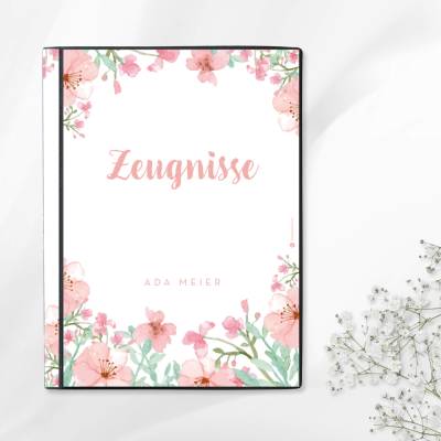 Personalisierte Zeugnismappe "Blumen – pastell", Geschenk zur Einschulung, A4 Sichtbuch mit Namen