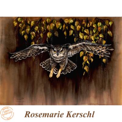 Kunst Aquarellbild Eulenflug handgemalt Querformat 69 x 44 cm Unikat