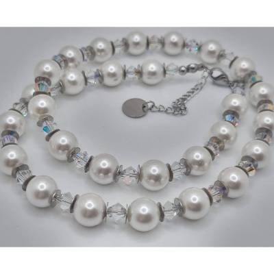 Perlenkette Muschelkernperlen Weiß Kristalle Crystal AB große Perlen (819)
