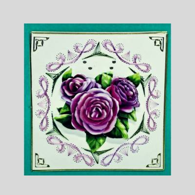 Grußkarte quadratisch mit gesticktem Blumenmotiv 3D-Pfingstrose in Lila, Handgestickt