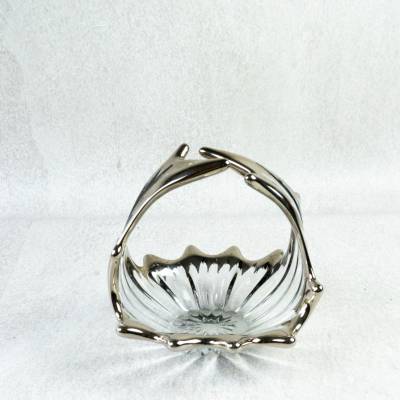 Vintage Glasschale Murano Stil, mit Henkel, Zipfeloptik, Zackenrand, silberfarbenes Dekor