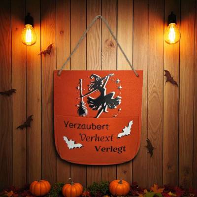 Verzaubert – Verhext – Verlegt“ – Wandtasche aus Filz mit Halloween-Motiv