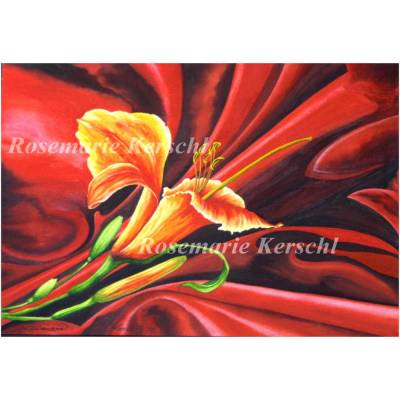 Lilie auf rotem Tuch – Handgemaltes Aquarellbild 42 x 56 cm Querformat Unikat