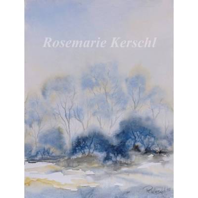 Aquarellbild Wald 40 x 30 cm Hochformat – Handgemaltes Unikat in Ocker, Braun und Blau