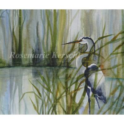 Reiher am See – Aquarellbild handgemalt 40 x 46 cm Querformat Unikat | Galerie Rosemarie Kerschl