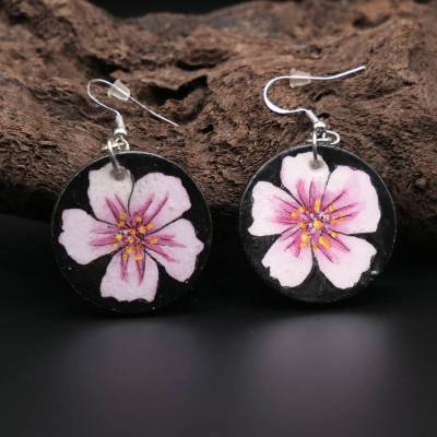 Handbemalte Kirschblüten-Ohrringe aus Silber & Holz – Leicht, Groß & Einzigartig