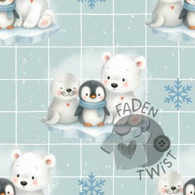 Stoff, Meterware - Winteroutfit, Weihnachten, Bär, Penguin, Seehund, Schnee, Schneeflocken
