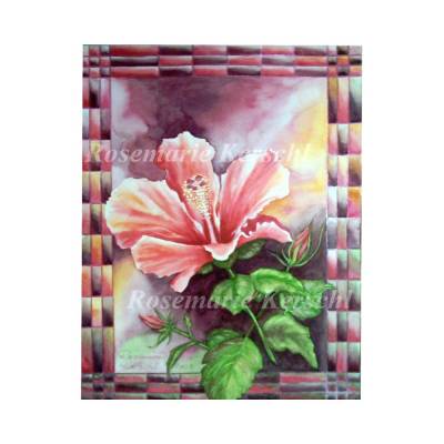 Hibiskusblüte Aquarellbild handgemalt – Ocker, Rosa, Rot, Aubergine, Grün – 40 x 30 cm Hochformat