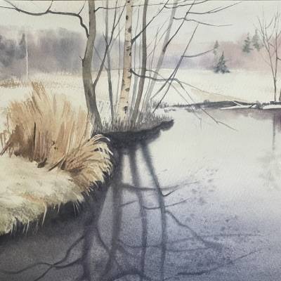 Das Aquarellbild "Winterlicher Ufer"