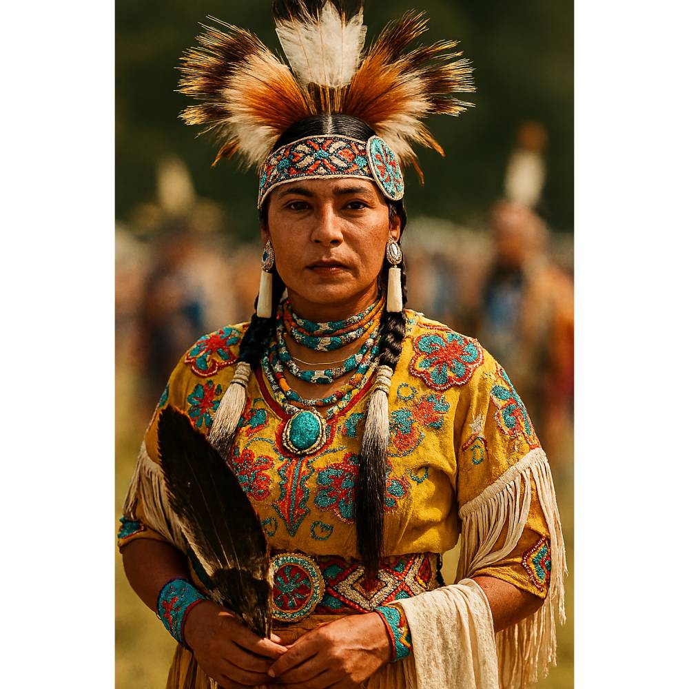 „Würde des Windes – Stammesfrau in Festtagsgewand mit Feder Bild 1