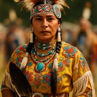 „Würde des Windes – Stammesfrau in Festtagsgewand mit Feder