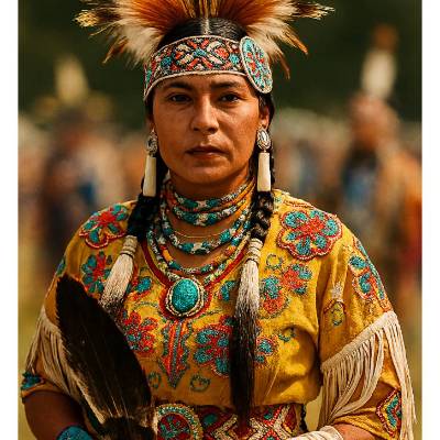 „Würde des Windes – Stammesfrau in Festtagsgewand mit Feder