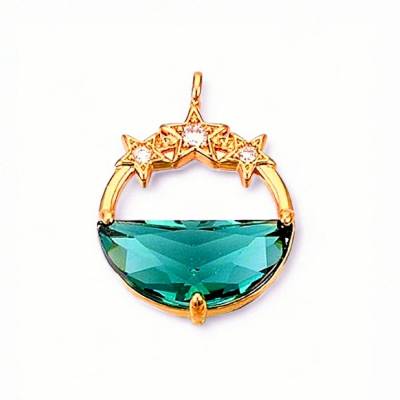 1 facettierter Glas-Anhänger/charms, flachrund, Messing vergoldet, mit Sternchen, smaragdgrün, 21,5x15,5xm
