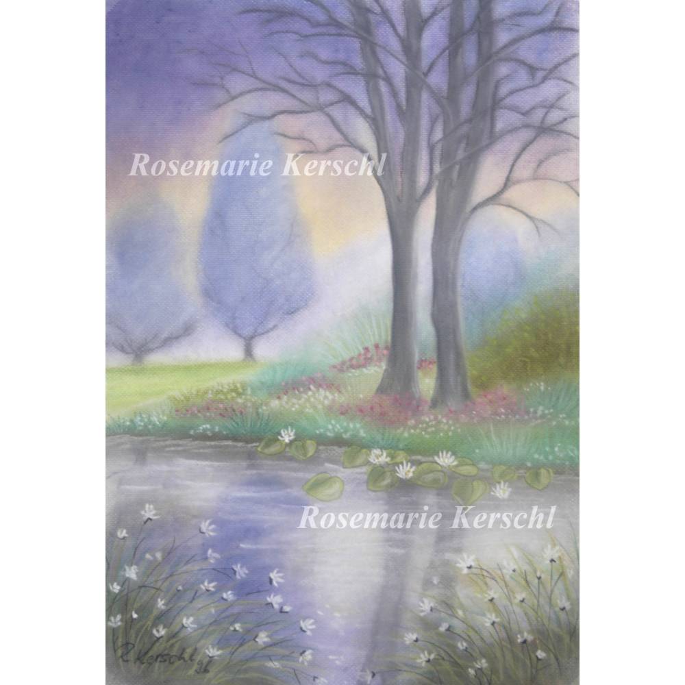 Pastellkreidebild *Dream* handgemalt Landschaft 50 x 35 cm Unikat weiß gelb blau lila rosa grün Bild 5