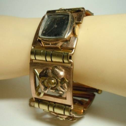Gotham Damen Armbanduhr um 1930 – Rot- und Gelbgold vergoldet, 17,5 cm Länge