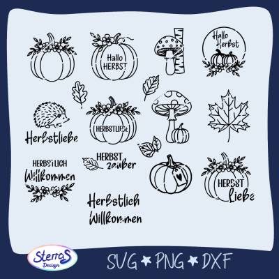 Hallo Herbst Plotterdatei – 13 herbstliche Motive mit Kürbissen, Sprüchen, Pilzen & Blättern – Formate SVG, DXF, PNG