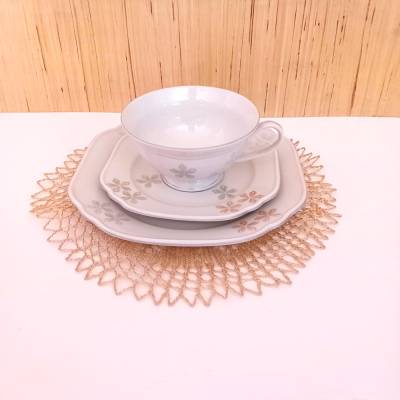 Vintage Sammeltasse von Lettin – 3-teiliges Sammelgedeck mit Blumenmuster & 8-eckiger Form
