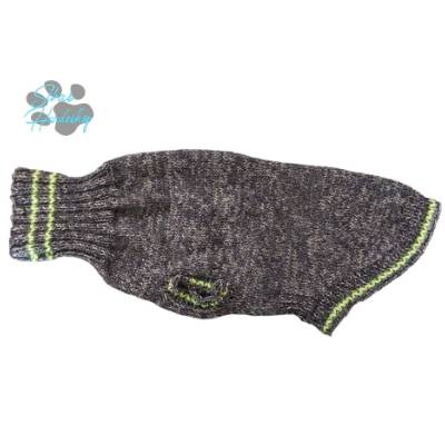 Handgestrickter Hundepullover Grau Meliert – Warmer Hundesweater mit Neon-Details, Rückenlänge 30 cm, 