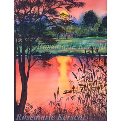 Aquarell Sonnenuntergang am See 2 – Handgemaltes Unikat 65 cm x 50 cm Hochformat