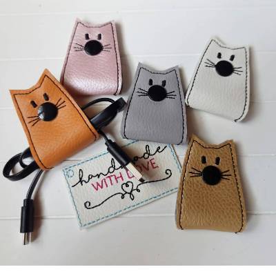 Katze Kabelbinder gestickt, Kabelhalter Organizer, Braun, Rosa, Weiß, Grau, Gold, Kunstleder und Filz, Kopfhörer Aufbewa