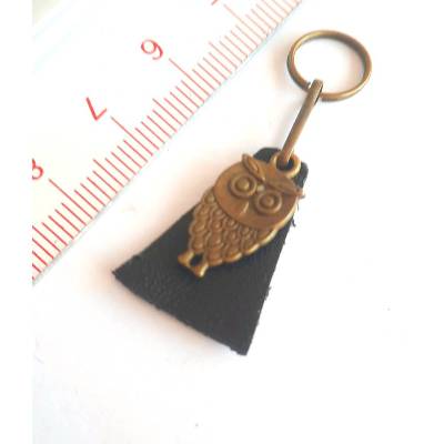 Reißverschluss-Anhänger  LEDER & METALL Schwarz Altmessing Eule Kombination Charm – Unikat Zieherhelfer