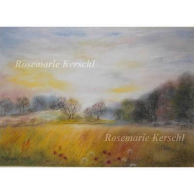 Herbstwiese Pastellkreidebild handgemalte Landschaft 30 x 40 cm Querformat – Unikat von Galerie Rosemarie Kerschl