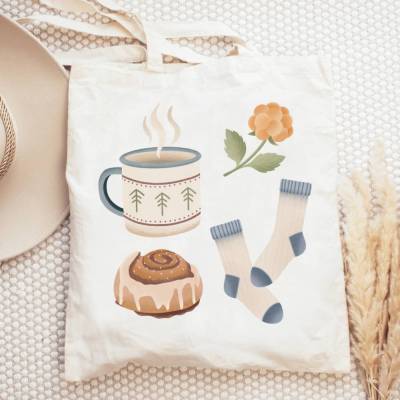 Stofftasche Herbst Hygge Skandi Jutebeutel Norden - Skandinavien Schweden - Geschenk Reise Kaffeeliebhaber - gemütliche 