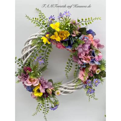 Türkranz Blumenkranz Weidenkranz – Handgemachte Türdeko mit Kunstblumen & Gräsern