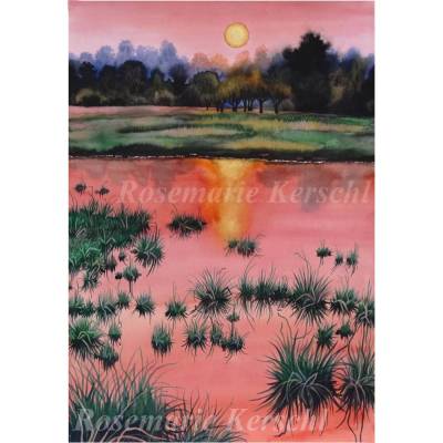 Aquarell Sonnenuntergang am See 1 – Handgemaltes Unikat 70 cm x 50 cm Hochformat