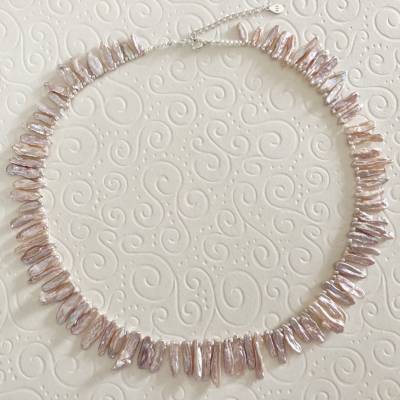 Rosa Perlenkette 45 cm – Zuchtperlen und Perlenflats, Collier, Brautschmuck, handgefertigt, Sterling Silber