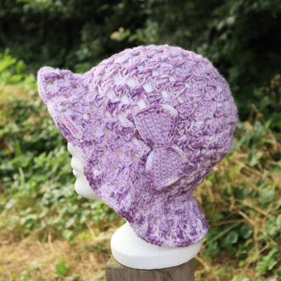 Hut gehäkelt Häkelhut Handarbeit Anglerhut Fischerhut Bucket Hat edel elegant mit Dekoration lila Schleife 