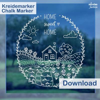 Fensterbild Vorlage Home sweet Home, kleines Haus mit Garten im Blätterrahmen – PDF Download zum Nachmalen
