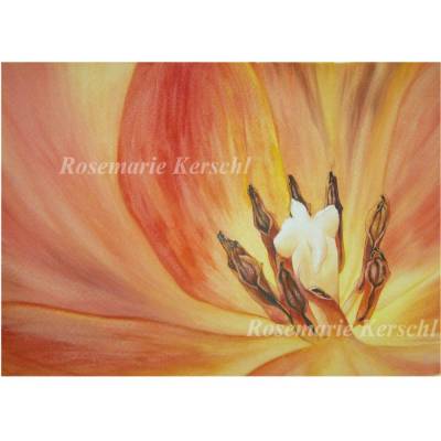 Tulpenherz Aquarellbild handgemalt – Unikat in Orange Gelb Braun Weiß, 39 x 28 cm Querformat