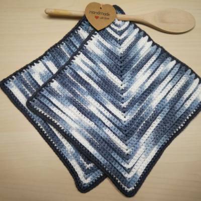 gehäkelte Topflappen Set in taubenblau-grau-meliert, Baumwolle