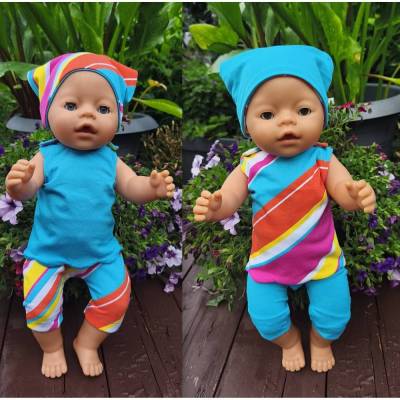 Stickdatei Sommer Puppenkleidung 43cm – Set Hose, Oberteil, Kopftuch für Baby Puppe