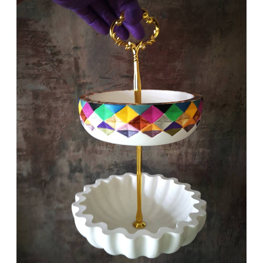 Etagere aus Keramik, weiss-bunt, Unikat