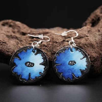 Handbemalte Aquarell Blüten-Ohrringe – Groß, leicht, Holz & Silber, Unikat, Geschenkidee, blau