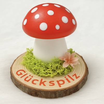 Handbemalter Fliegenpilz aus Keramikgips auf Holzscheibe – Glückspilz Tischdeko Geschenk, Herbstdeko Pilz