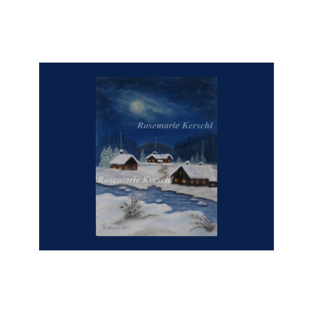 Pastellkreidebild Winternacht – Handgemalte Landschaft 30 x 24 cm Hochformat Unikat Bild 2