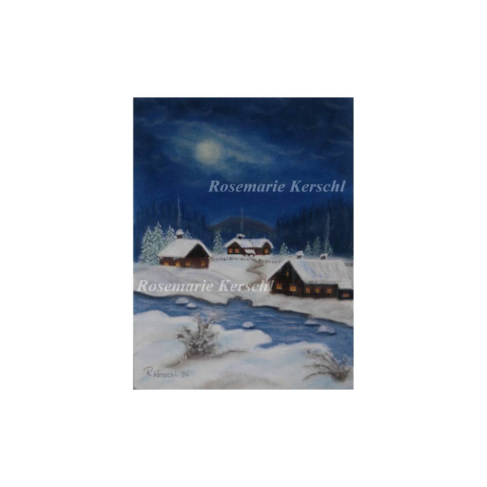 Pastellkreidebild Winternacht – Handgemalte Landschaft 30 x 24 cm Hochformat Unikat Bild 3
