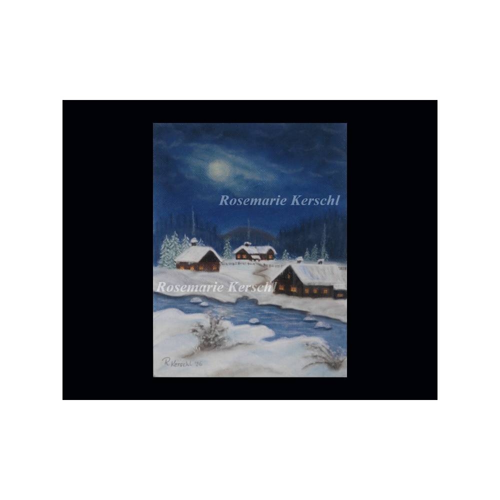 Pastellkreidebild Winternacht – Handgemalte Landschaft 30 x 24 cm Hochformat Unikat Bild 4