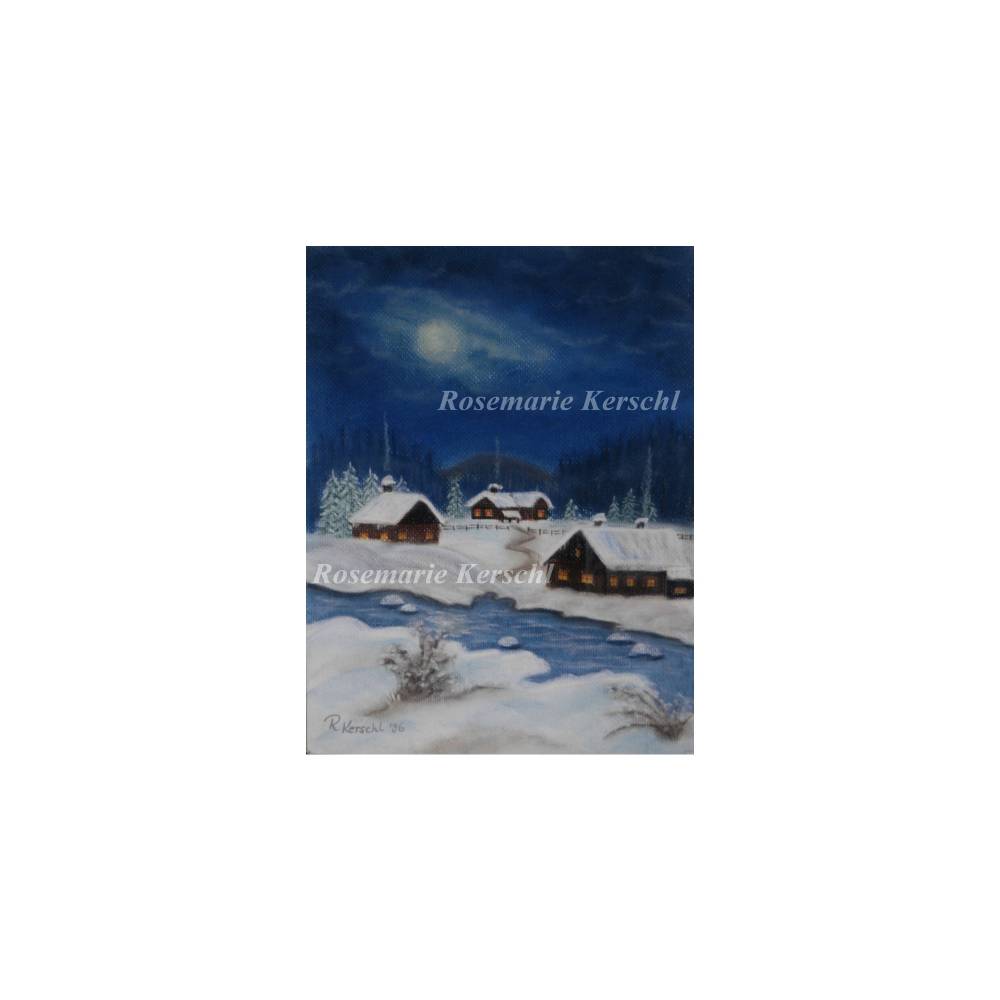 Pastellkreidebild Winternacht – Handgemalte Landschaft 30 x 24 cm Hochformat Unikat Bild 5