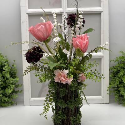 Außergewöhnliches Blumengesteck mit Dahlie und Mohnblumen – Kunstblumen Tischdekoration & Geschenkidee