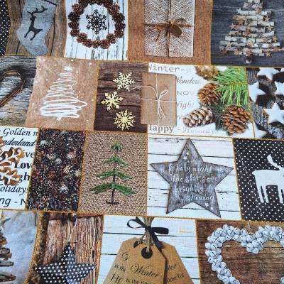 Baumwollstoff mit Weihnachtsmotiven, Weihnachtsstoff, Breite 1,40 m, Meterware, braun, beige, wieß, grün